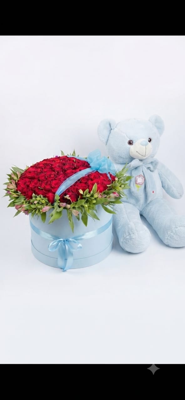 Baby Boy Rose Box & Teddy Bear Set