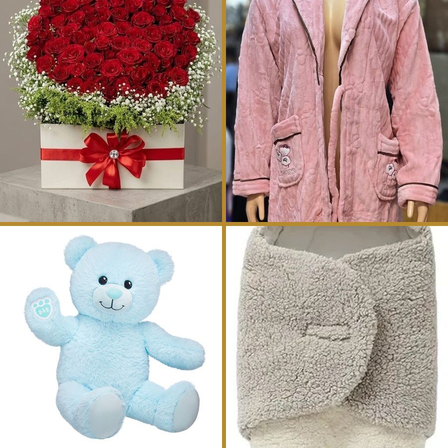 Aras Package - Flowers, Robe, Teddy Bear & Swaddle